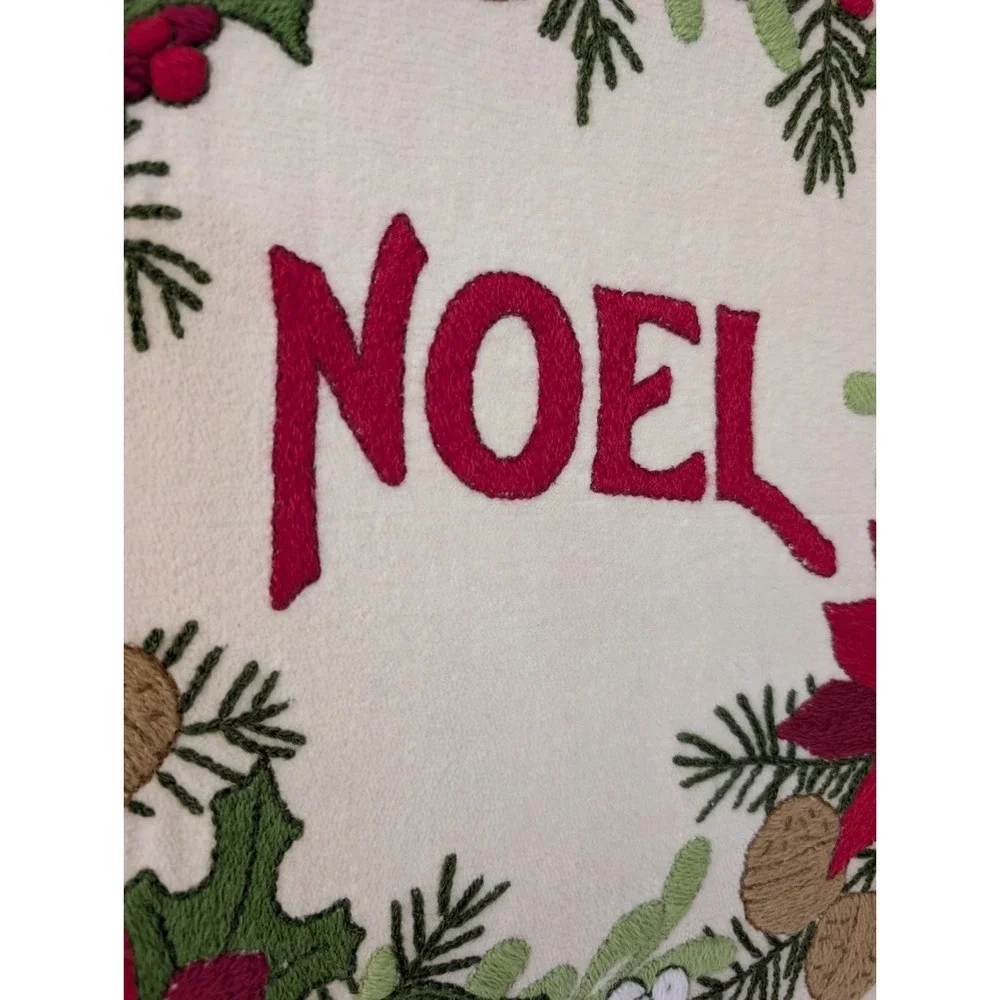 Vintage Christmas Wreath Noel Ribbon Crewel Gold Framed Artwork Holiday Decor